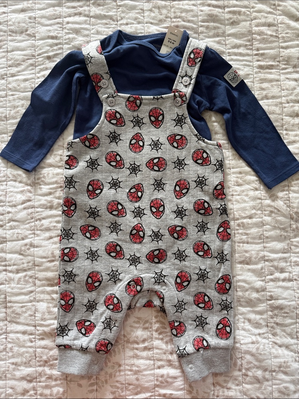 Navy Long-Sleeve Top with Gray Spider Mask Print Overalls - Kids One Piece